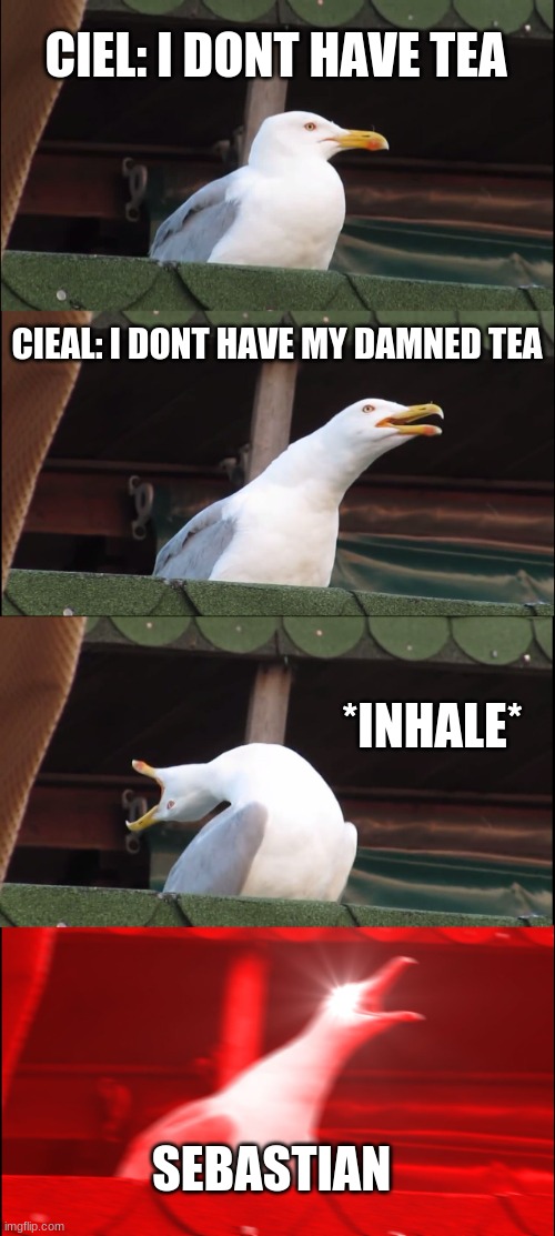 Inhaling Seagull Meme | CIEL: I DONT HAVE TEA; CIEAL: I DONT HAVE MY DAMNED TEA; *INHALE*; SEBASTIAN | image tagged in memes,inhaling seagull | made w/ Imgflip meme maker
