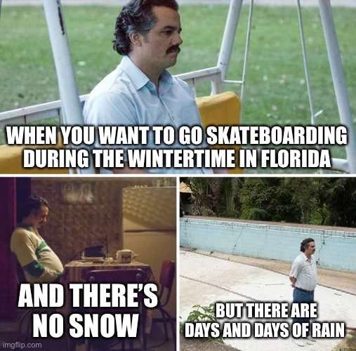 Wintertime Florida | WHEN YOU WANT TO GO SKATEBOARDING DURING THE WINTERTIME IN FLORIDA; AND THERE’S NO SNOW; BUT THERE ARE DAYS AND DAYS OF RAIN | image tagged in memes,sad pablo escobar | made w/ Imgflip meme maker