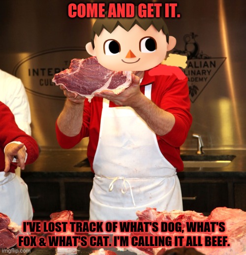 Animal crossing meat sale! | COME AND GET IT. I'VE LOST TRACK OF WHAT'S DOG, WHAT'S FOX & WHAT'S CAT. I'M CALLING IT ALL BEEF. | image tagged in butcher 2,animal crossing,cursed,mayor,meat,sale | made w/ Imgflip meme maker