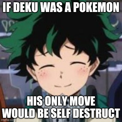 Haha Deku arms go brrrrrrrrrr | IF DEKU WAS A POKEMON; HIS ONLY MOVE WOULD BE SELF DESTRUCT | image tagged in deku wholesome smile | made w/ Imgflip meme maker