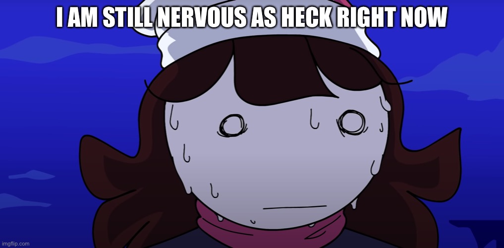 Jaiden sweating nervously | I AM STILL NERVOUS AS HECK RIGHT NOW | image tagged in jaiden sweating nervously | made w/ Imgflip meme maker