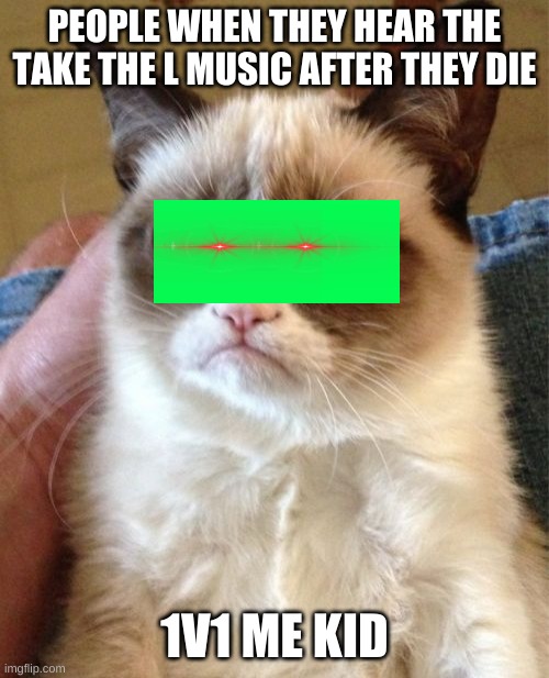 Grumpy Cat | PEOPLE WHEN THEY HEAR THE TAKE THE L MUSIC AFTER THEY DIE; 1V1 ME KID | image tagged in memes,grumpy cat | made w/ Imgflip meme maker