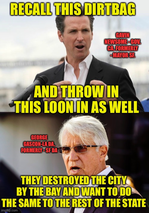 Recall them all! | RECALL THIS DIRTBAG; GAVIN NEWSOME - GOV. CA. FORMERLY - MAYOR SF. AND THROW IN THIS LOON IN AS WELL; GEORGE GASCON-LA DA. FORMERLY - SF DA; THEY DESTROYED THE CITY BY THE BAY AND WANT TO DO THE SAME TO THE REST OF THE STATE | image tagged in gavin newsome,darth vader,prostitute,democratic party,democratic socialism,covidiots | made w/ Imgflip meme maker