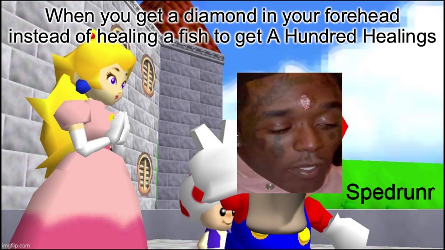 Spedrunr | When you get a diamond in your forehead instead of healing a fish to get A Hundred Healings | image tagged in spedrunr | made w/ Imgflip meme maker