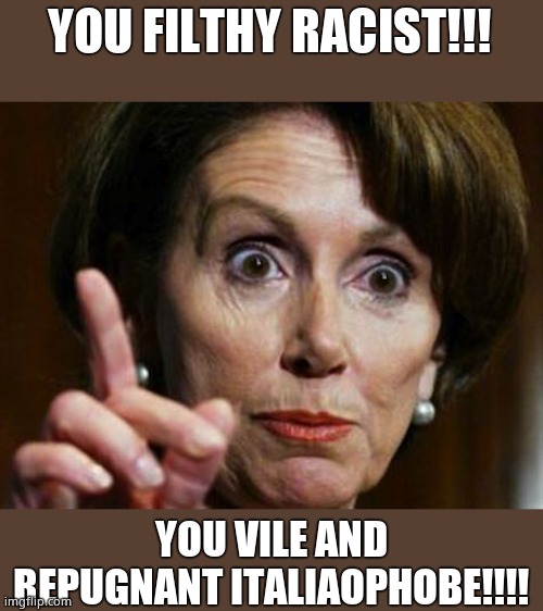 Nancy Pelosi No Spending Problem | YOU FILTHY RACIST!!! YOU VILE AND REPUGNANT ITALIAOPHOBE!!!! | image tagged in nancy pelosi no spending problem | made w/ Imgflip meme maker