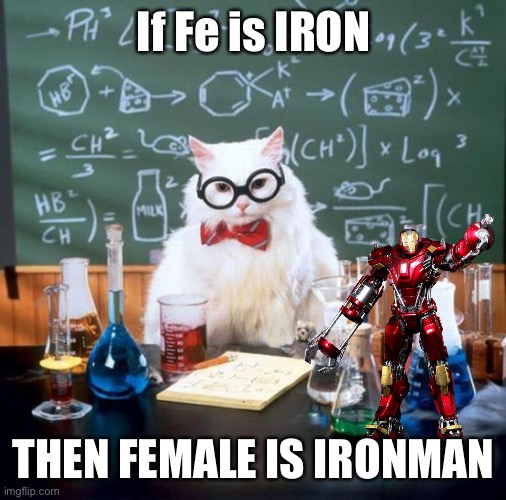 Female is Iron Man | If Fe is IRON THEN FEMALE IS IRONMAN | image tagged in chemistry cat,iron man,female,cats,cat,nerd | made w/ Imgflip meme maker
