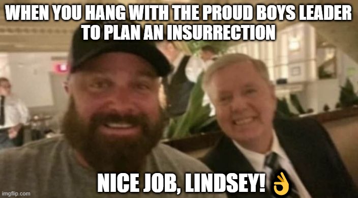 Lindsey Graham meets with Proud Boys leader Trump Insurrection | WHEN YOU HANG WITH THE PROUD BOYS LEADER
TO PLAN AN INSURRECTION; NICE JOB, LINDSEY! 👌 | image tagged in trump,january,2021,violence,riot,lindsey graham | made w/ Imgflip meme maker