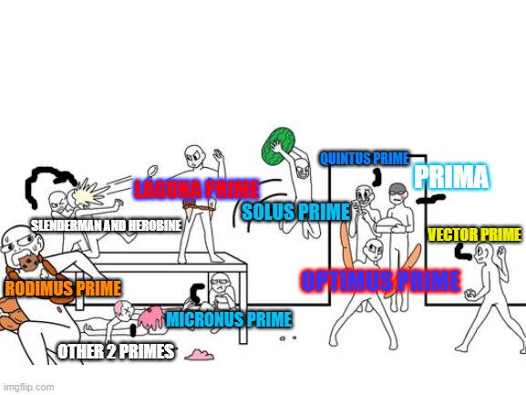 QUINTUS PRIME; PRIMA; LAGUNA PRIME; SOLUS PRIME; SLENDERMAN AND HEROBINE; VECTOR PRIME; OPTIMUS PRIME; RODIMUS PRIME; MICRONUS PRIME; OTHER 2 PRIMES | made w/ Imgflip meme maker