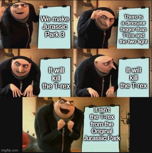 5 panel gru meme | We make Jurassic Park 3 There is a dinosaur bigger than T-rex and the two fight It will kill the T-rex It will kill the T-rex It isn't the T | image tagged in 5 panel gru meme | made w/ Imgflip meme maker