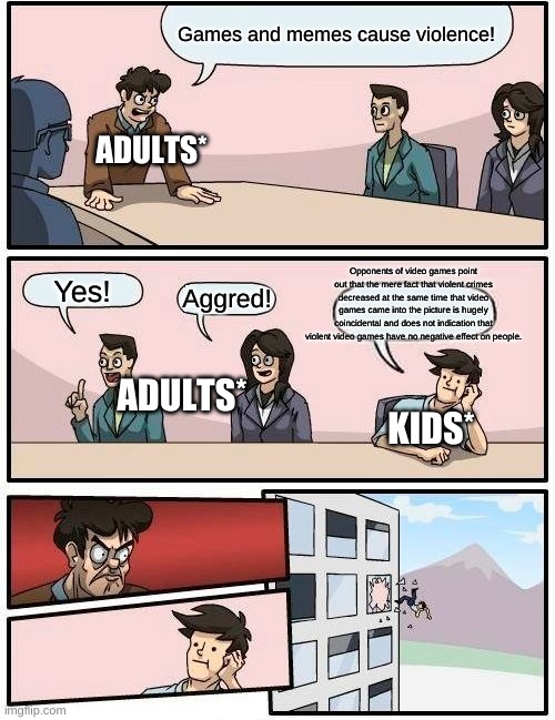 Boardroom Meeting Suggestion Meme | Games and memes cause violence! ADULTS*; Opponents of video games point out that the mere fact that violent crimes decreased at the same time that video games came into the picture is hugely coincidental and does not indication that violent video games have no negative effect on people. Yes! Aggred! ADULTS*; KIDS* | image tagged in memes,boardroom meeting suggestion | made w/ Imgflip meme maker