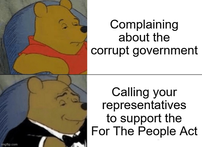 Tuxedo Winnie The Pooh | Complaining about the corrupt government; Calling your representatives to support the For The People Act | image tagged in memes,tuxedo winnie the pooh | made w/ Imgflip meme maker