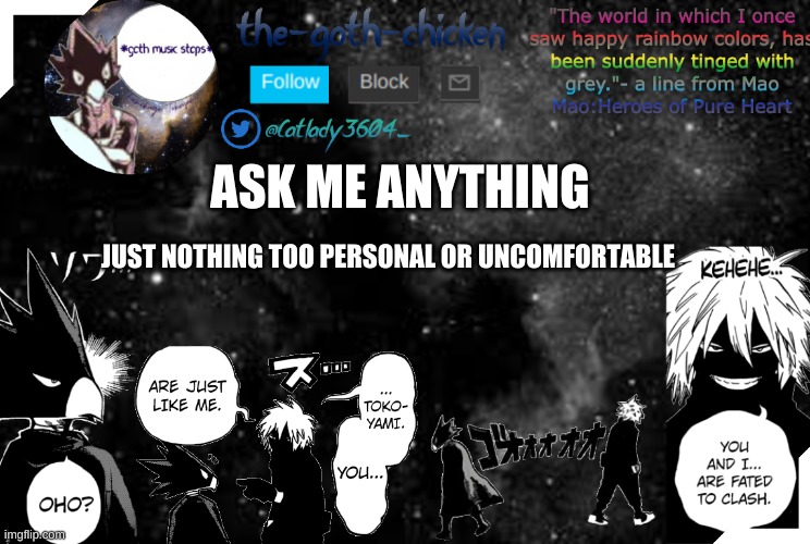 I'M BORED | ASK ME ANYTHING; JUST NOTHING TOO PERSONAL OR UNCOMFORTABLE | image tagged in the-goth-chicken's announcement template 2 | made w/ Imgflip meme maker