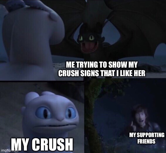 Trying to start a relationship be like... |  ME TRYING TO SHOW MY CRUSH SIGNS THAT I LIKE HER; MY SUPPORTING FRIENDS; MY CRUSH | image tagged in how to train your dragon 3,relationships,relatable,memes,funny meme,school | made w/ Imgflip meme maker