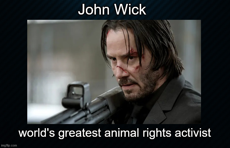 John Wick and animal rights | John Wick; world's greatest animal rights activist | image tagged in john wick,animal rights | made w/ Imgflip meme maker