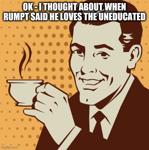 ..... and? | OK - I THOUGHT ABOUT WHEN RUMPT SAID HE LOVES THE UNEDUCATED | image tagged in mug approval | made w/ Imgflip meme maker