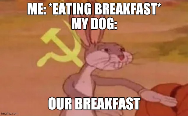 Dogs be like | ME: *EATING BREAKFAST*
MY DOG:; OUR BREAKFAST | image tagged in bugs bunny communist | made w/ Imgflip meme maker