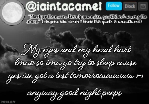 cant find who asked | key word: try | My eyes and my head hurt lmao so ima go try to sleep cause yes ive got a test tomorrowwwww ;-;; anyway good night peeps | image tagged in iaintacamel | made w/ Imgflip meme maker