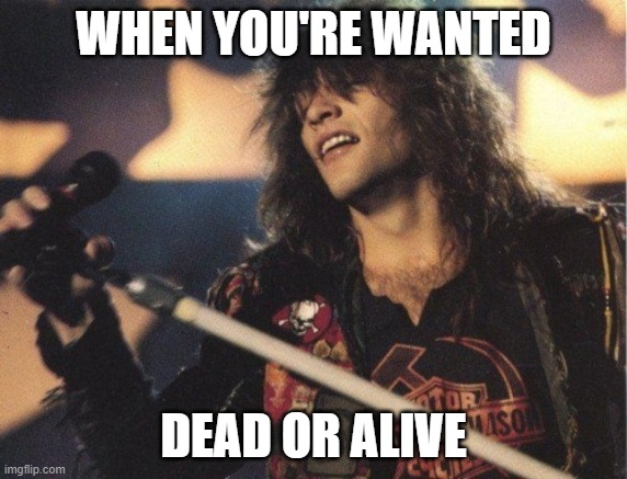 when you're wanted | WHEN YOU'RE WANTED; DEAD OR ALIVE | image tagged in bon jovi | made w/ Imgflip meme maker
