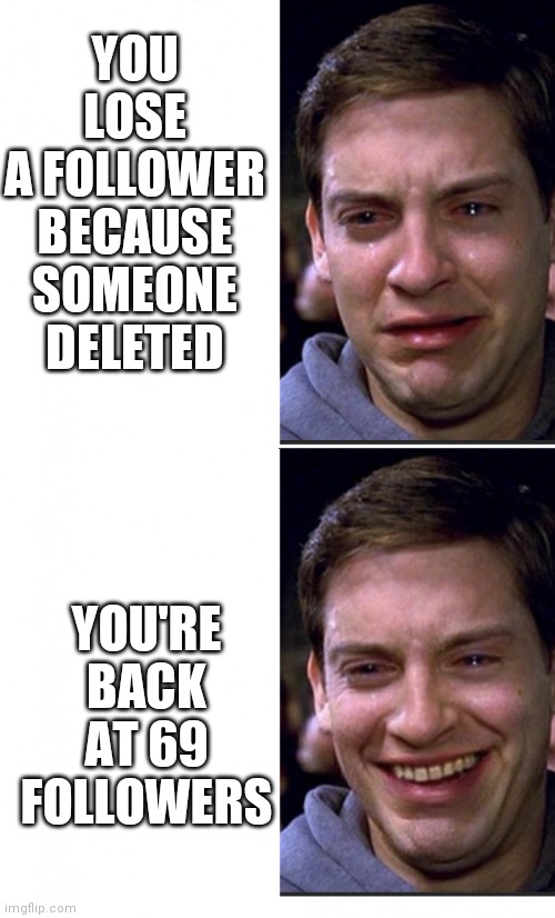 I was at 71 yesterday now I'm at 69 | YOU LOSE A FOLLOWER BECAUSE SOMEONE DELETED; YOU'RE BACK AT 69 FOLLOWERS | image tagged in peter parker crying/happy | made w/ Imgflip meme maker