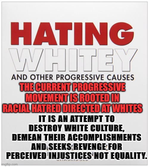 Hate will never achieve equality | THE CURRENT PROGRESSIVE MOVEMENT IS ROOTED IN RACIAL HATRED DIRECTED AT WHITES; IT IS AN ATTEMPT TO DESTROY WHITE CULTURE, DEMEAN THEIR ACCOMPLISHMENTS AND SEEKS REVENGE FOR PERCEIVED INJUSTICES NOT EQUALITY. | image tagged in haters,haters gonna hate,party of hate,let the hate flow through you,democratic socialism | made w/ Imgflip meme maker