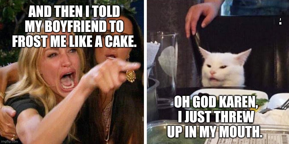Smudge the cat | J M; AND THEN I TOLD MY BOYFRIEND TO FROST ME LIKE A CAKE. OH GOD KAREN, I JUST THREW UP IN MY MOUTH. | image tagged in smudge the cat | made w/ Imgflip meme maker