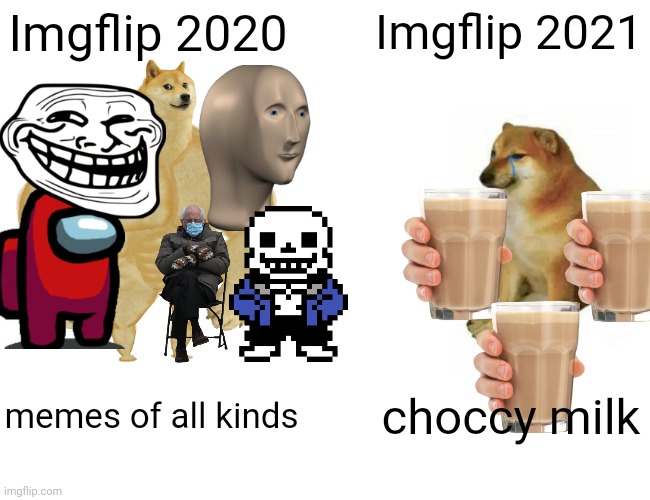 choccy milk pog | Imgflip 2021; Imgflip 2020; memes of all kinds; choccy milk | image tagged in memes,buff doge vs cheems,choccy milk,funny,among us | made w/ Imgflip meme maker