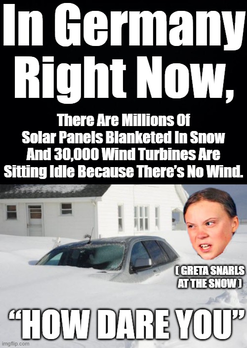 Don't more people die from the effects of extremely low temperatures than extremely high ones? | In Germany Right Now, There Are Millions Of Solar Panels Blanketed In Snow And 30,000 Wind Turbines Are Sitting Idle Because There’s No Wind. ( GRETA SNARLS AT THE SNOW ); “HOW DARE YOU” | image tagged in greta thunberg how dare you,ecofascist greta thunberg,solar panels,wind turbines,no sun no wind no power | made w/ Imgflip meme maker
