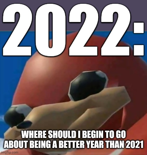 Ugandan Knuckles | 2022: WHERE SHOULD I BEGIN TO GO ABOUT BEING A BETTER YEAR THAN 2021 | image tagged in ugandan knuckles,memes,2021 sucks,2022,dank memes,do you know da wae | made w/ Imgflip meme maker