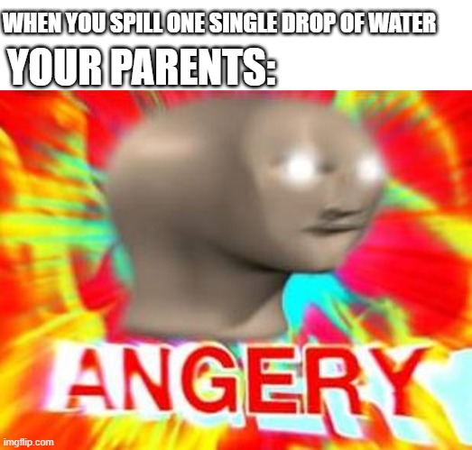 it happens everytime | YOUR PARENTS:; WHEN YOU SPILL ONE SINGLE DROP OF WATER | image tagged in surreal angery,angery,parents,mad | made w/ Imgflip meme maker