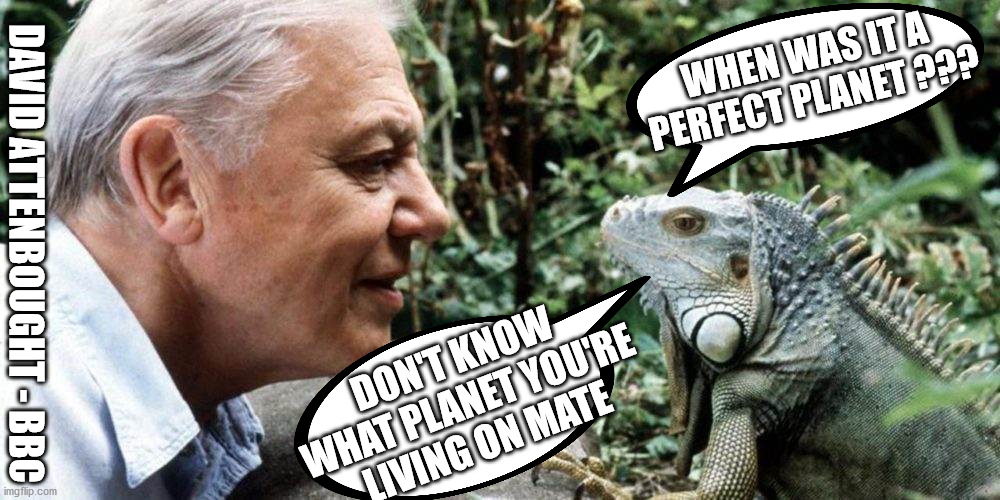 Attenbough - Perfect Planet | WHEN WAS IT A
PERFECT PLANET ??? DAVID ATTENBOUGHT - BBC; DON'T KNOW 
WHAT PLANET YOU'RE 
LIVING ON MATE | image tagged in david attenbough,bbc prefect planet,bbc bias,bbc lefties,bbc lovies | made w/ Imgflip meme maker