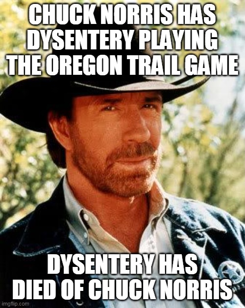 Chuck Norris | CHUCK NORRIS HAS DYSENTERY PLAYING THE OREGON TRAIL GAME; DYSENTERY HAS DIED OF CHUCK NORRIS | image tagged in memes,chuck norris | made w/ Imgflip meme maker