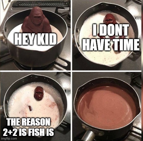 Hey Kid, I don't have much time | I DONT HAVE TIME; HEY KID; THE REASON 2+2 IS FISH IS | image tagged in hey kid i don't have much time | made w/ Imgflip meme maker