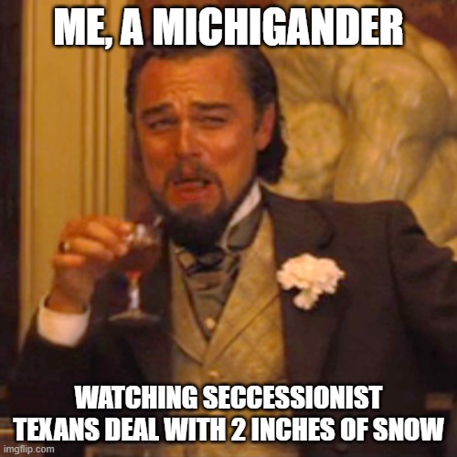 Laughing Leo Meme | ME, A MICHIGANDER; WATCHING SECCESSIONIST TEXANS DEAL WITH 2 INCHES OF SNOW | image tagged in memes,laughing leo,AdviceAnimals | made w/ Imgflip meme maker