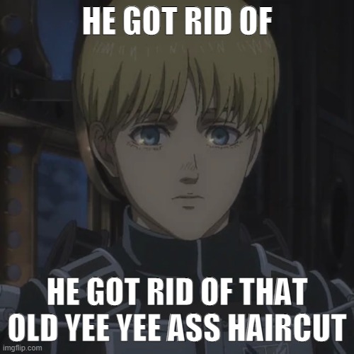 he did it | HE GOT RID OF; HE GOT RID OF THAT OLD YEE YEE ASS HAIRCUT | image tagged in aot | made w/ Imgflip meme maker