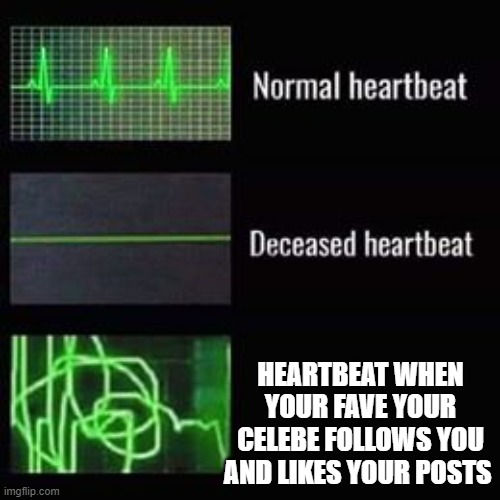Heartbeat when your Fave Celeb | HEARTBEAT WHEN YOUR FAVE YOUR CELEBE FOLLOWS YOU AND LIKES YOUR POSTS | image tagged in heartbeat rate | made w/ Imgflip meme maker