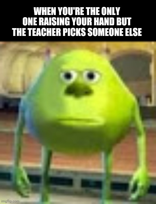 This has happened to me | WHEN YOU'RE THE ONLY ONE RAISING YOUR HAND BUT THE TEACHER PICKS SOMEONE ELSE | image tagged in sully wazowski,relatable | made w/ Imgflip meme maker