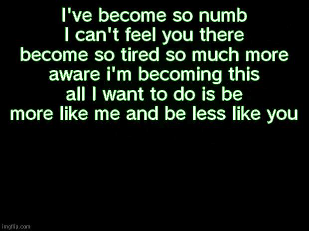 Black background | I've become so numb I can't feel you there become so tired so much more aware i'm becoming this all I want to do is be more like me and be less like you | image tagged in black background | made w/ Imgflip meme maker