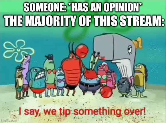 Me trying to make actual f**king memes for once. | THE MAJORITY OF THIS STREAM:; SOMEONE: *HAS AN OPINION* | image tagged in i say we tip something over | made w/ Imgflip meme maker