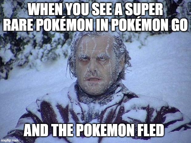 Pokémon go be like | WHEN YOU SEE A SUPER RARE POKÉMON IN POKÉMON GO; AND THE POKEMON FLED | image tagged in memes,jack nicholson the shining snow | made w/ Imgflip meme maker
