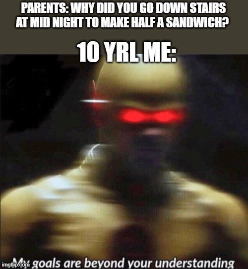 They will never know why or will I | PARENTS: WHY DID YOU GO DOWN STAIRS AT MID NIGHT TO MAKE HALF A SANDWICH? 10 YRL ME: | image tagged in my goals are beyond your understanding | made w/ Imgflip meme maker
