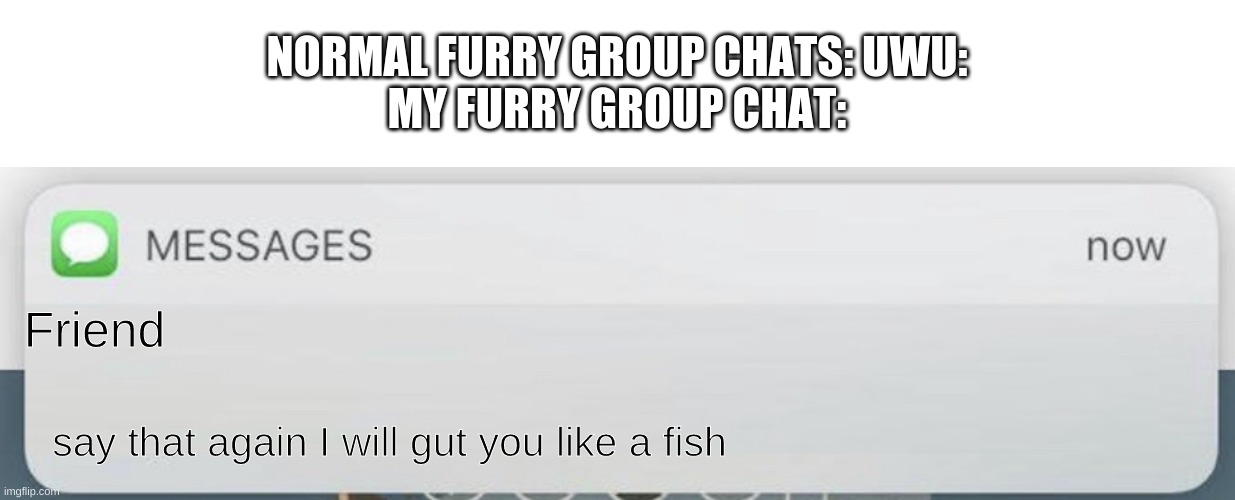Messages | NORMAL FURRY GROUP CHATS: UWU:
MY FURRY GROUP CHAT:; Friend; say that again I will gut you like a fish | image tagged in messages | made w/ Imgflip meme maker