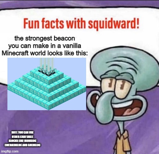 why are you looking at the title | the strongest beacon you can make in a vanilla Minecraft world looks like this:; NOTE YOU CAN USE OTHER CRAFTABLE BLOCKS LIKE IRONBLOC EMERALDBLOC AND GOLDBLOC | image tagged in fun facts with squidward | made w/ Imgflip meme maker