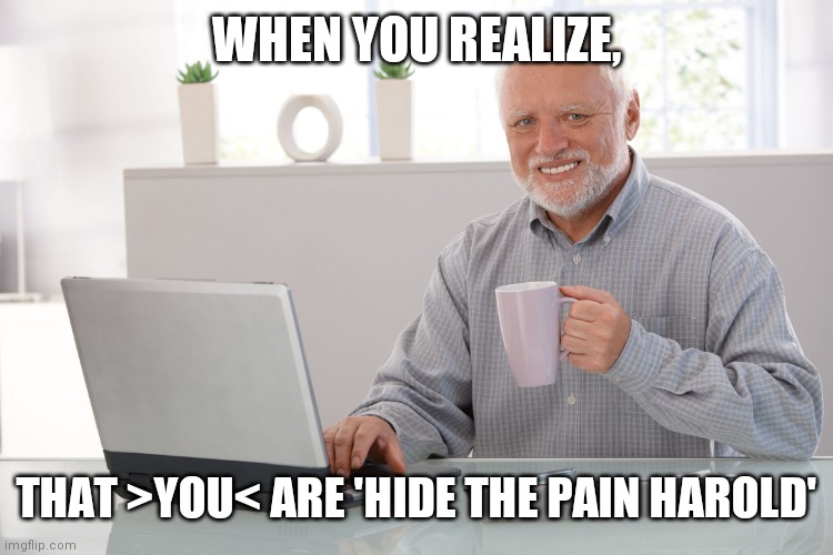 Hide the pain Harold (large) | WHEN YOU REALIZE, THAT >YOU< ARE 'HIDE THE PAIN HAROLD' | image tagged in hide the pain harold large | made w/ Imgflip meme maker