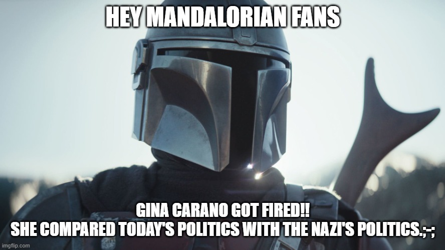 goodbye | HEY MANDALORIAN FANS; GINA CARANO GOT FIRED!!
SHE COMPARED TODAY'S POLITICS WITH THE NAZI'S POLITICS.;-; | image tagged in the mandalorian | made w/ Imgflip meme maker