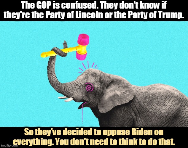 Dumb, dumb, dumb. | The GOP is confused. They don't know if they're the Party of Lincoln or the Party of Trump. So they've decided to oppose Biden on everything. You don't need to think to do that. | image tagged in republican elephant trying to think,gop,empty,head,obstruction | made w/ Imgflip meme maker