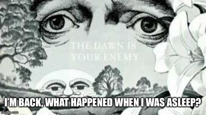 The Dawn is your enemy | I’M BACK, WHAT HAPPENED WHEN I WAS ASLEEP? | image tagged in the dawn is your enemy | made w/ Imgflip meme maker