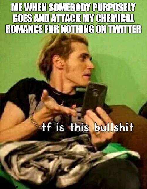 tf is this bs | ME WHEN SOMEBODY PURPOSELY GOES AND ATTACK MY CHEMICAL ROMANCE FOR NOTHING ON TWITTER | image tagged in tf is this bs | made w/ Imgflip meme maker