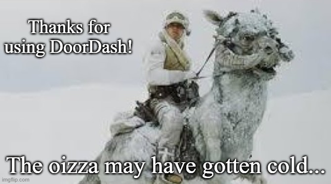 Home Delivery this week | Thanks for using DoorDash! The oizza may have gotten cold... | image tagged in star wars,snow,pizza delivery | made w/ Imgflip meme maker