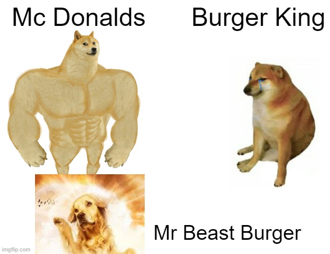 Dogs Are Smart | Mc Donalds; Burger King; Mr Beast Burger | image tagged in memes,buff doge vs cheems | made w/ Imgflip meme maker