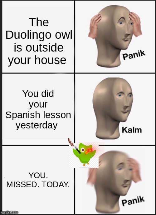 plz help | The Duolingo owl is outside your house; You did your Spanish lesson yesterday; YOU. MISSED. TODAY. | image tagged in memes,panik kalm panik | made w/ Imgflip meme maker